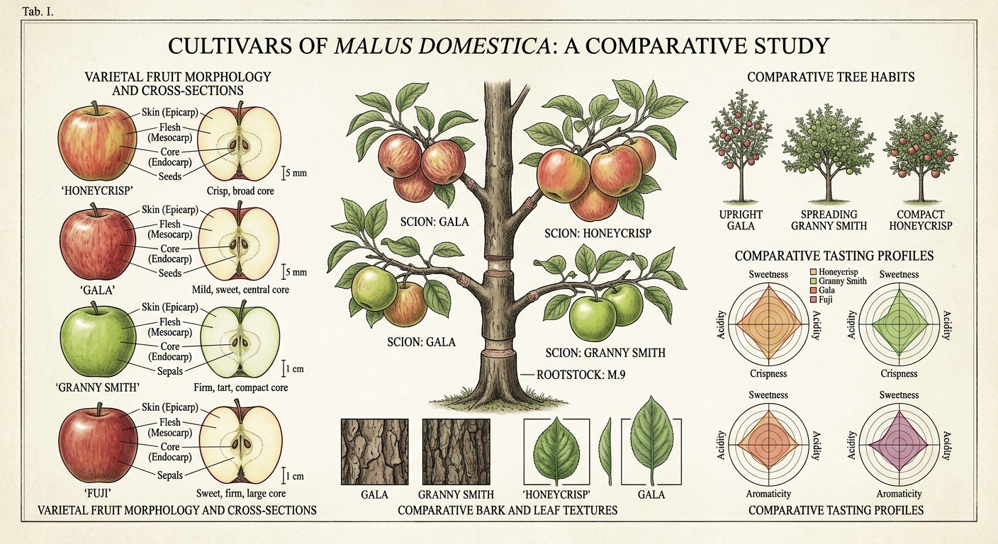 Apple fruit, cross-section, and botanical detail