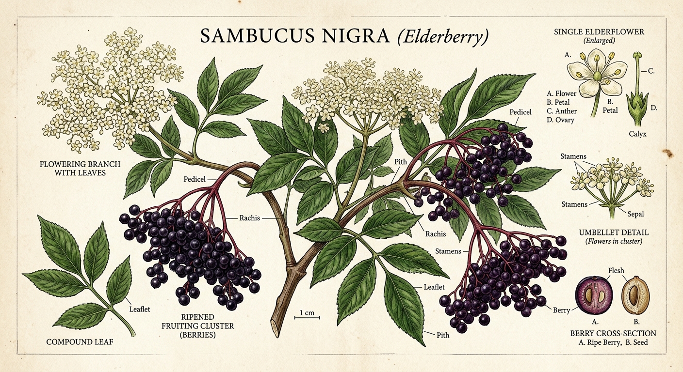 Elderberry clusters, flowers, and botanical detail